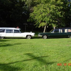 1971 Miller Meteor combination set up as hearse and 1972 Miller Meteor combination set up as ambulance.