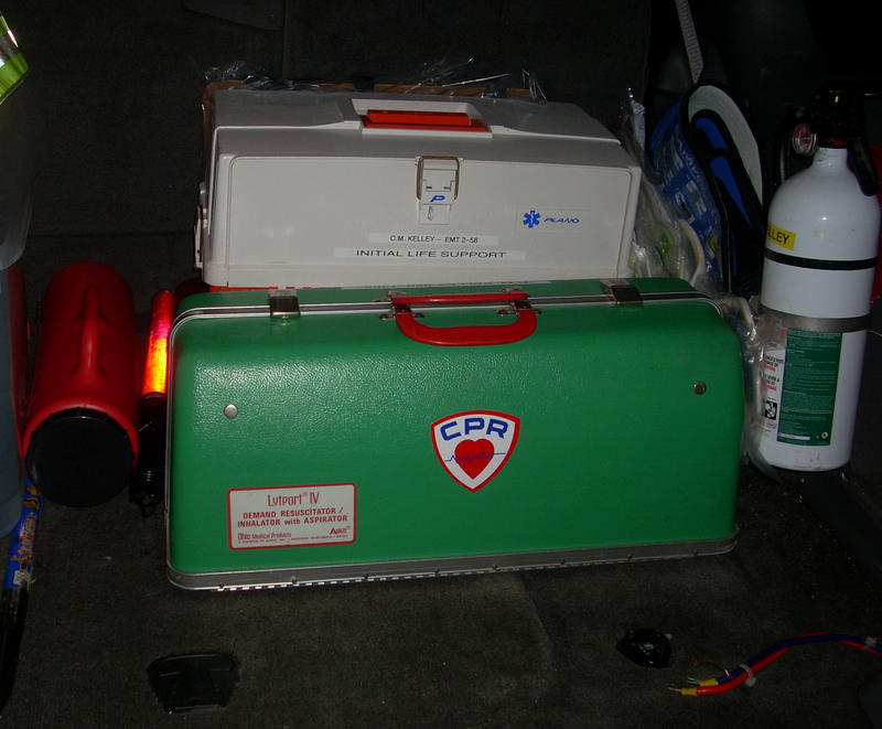 ILS Box and Resuscitator/Inhalator Box. ILS, Initial Life Support; that's what we call care before a transport unit arrives. Flares, wreck bar and tra