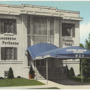 Anderson Peterson Funeral Home postcard from Boston, Public Library, circ 1935-1940
