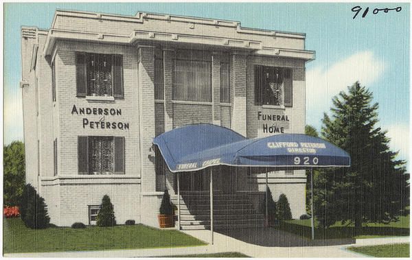 Anderson Peterson Funeral Home postcard from Boston, Public Library, circ 1935-1940